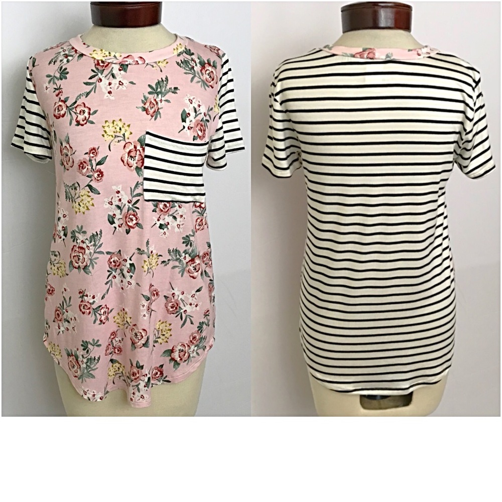 Adorable Blush Floral Striped PocketTee SML - Picture 8 of 8